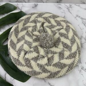 Zwicker Womens Vintage 80s Beret Hat Tam O'Shanter Gray Cream Knit Pompom